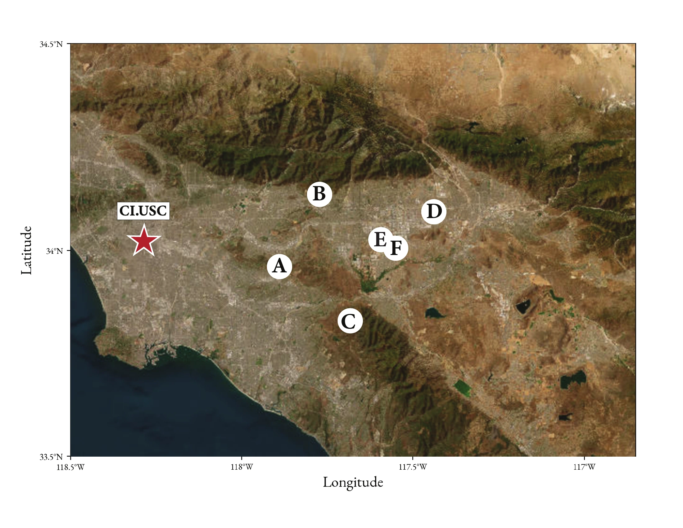 Map locating CI.USC and six eastern earthquakes labeled A through F.