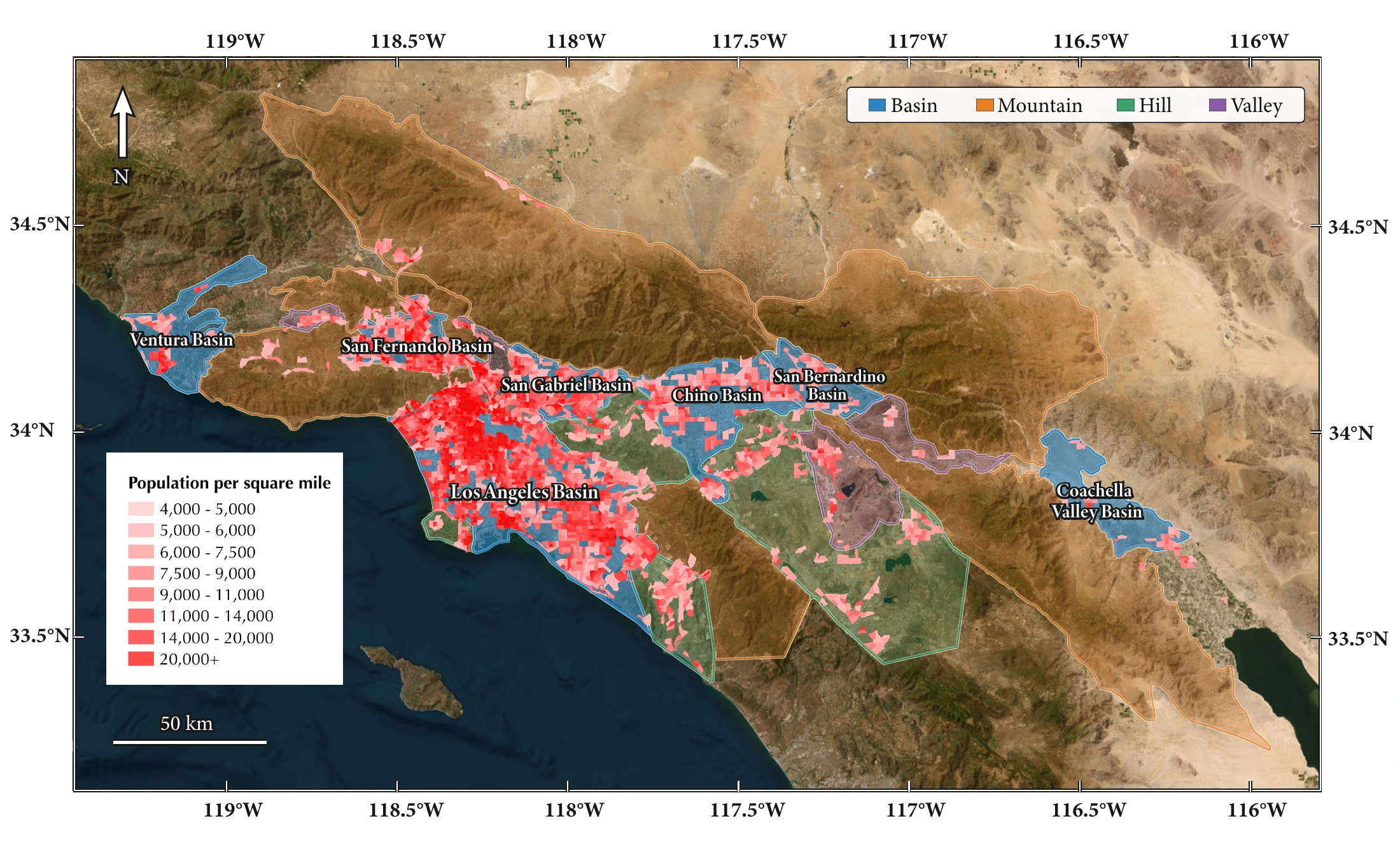 Southern California basins, mountains, hills, and valleys overlain with population-density classes.